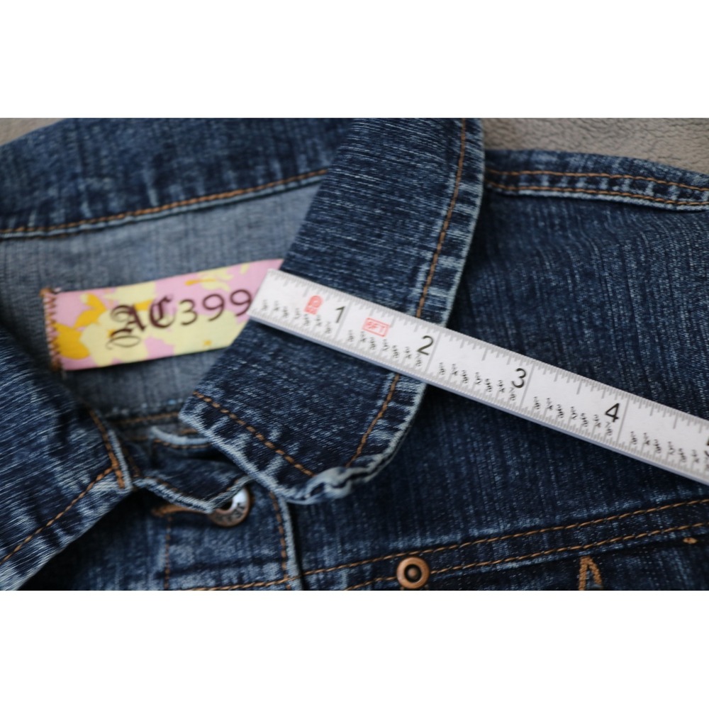 AC3998 Faded Denim Trucker Jacket Women Large Blue Stretch Buttons Casual 90s - Picture 14 of 15